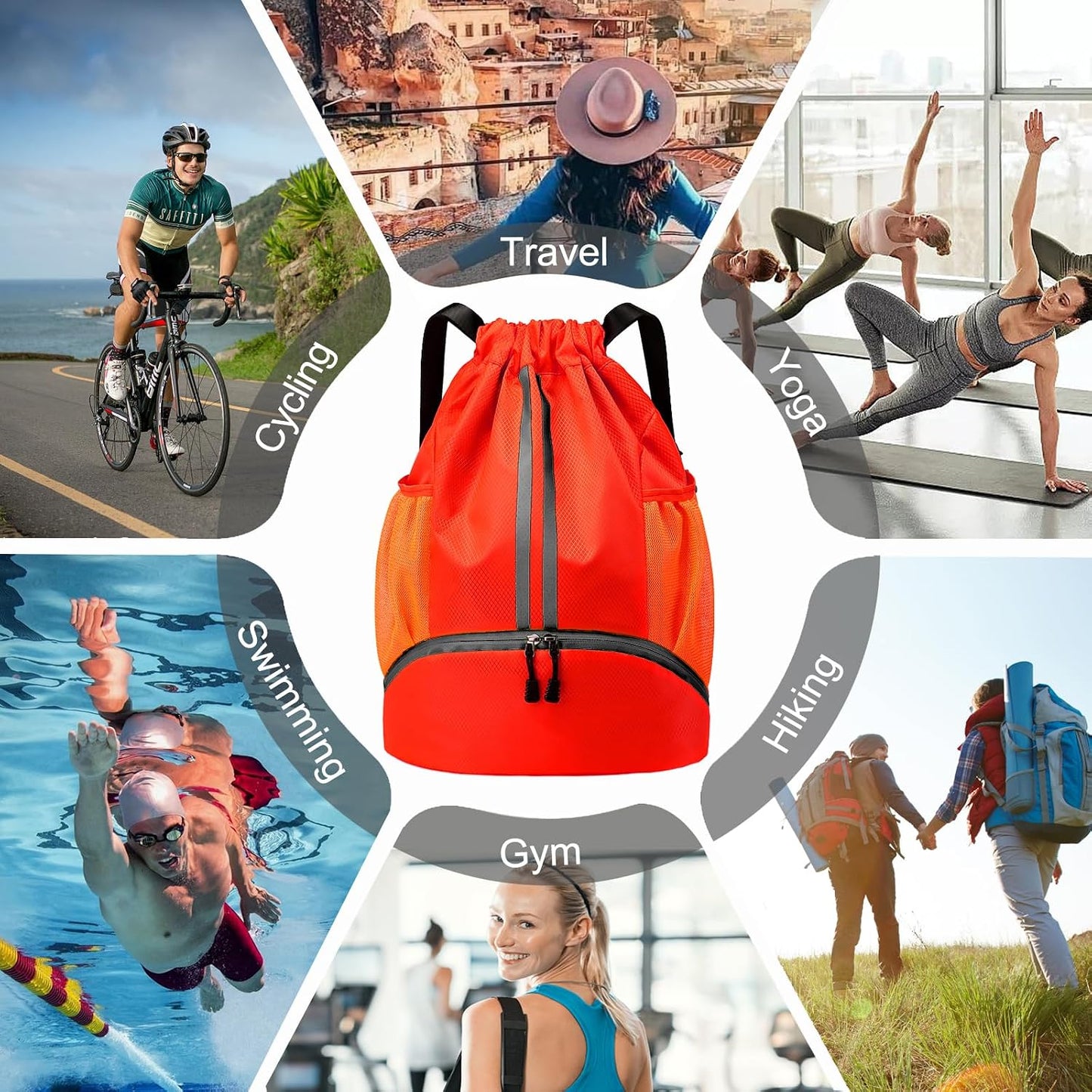 Sports Drawstring Backpack - Swim Gym Bag for Women and Men | String Bag with Shoes Compartment & Wet Proof Pocket, Adjustable Wider Shoulder Strap, For Soccer, Basketball