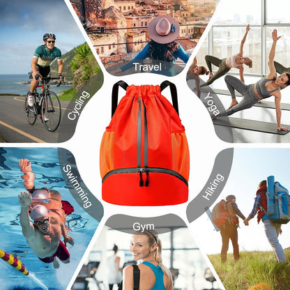 Sports Drawstring Backpack - Swim Gym Bag for Women and Men | String Bag with Shoes Compartment & Wet Proof Pocket, Adjustable Wider Shoulder Strap, For Soccer, Basketball