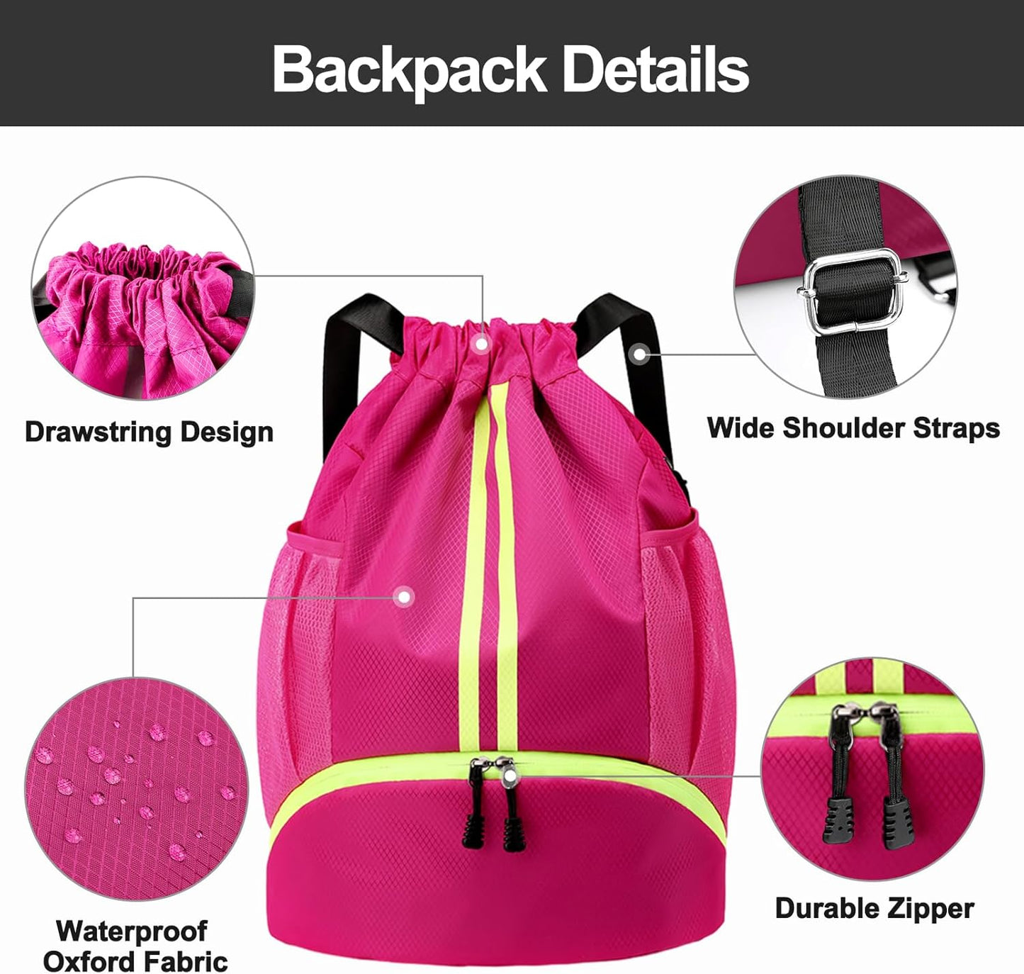 Sports Drawstring Backpack - Swim Gym Bag for Women and Men | String Bag with Shoes Compartment & Wet Proof Pocket, Adjustable Wider Shoulder Strap, For Soccer, Basketball