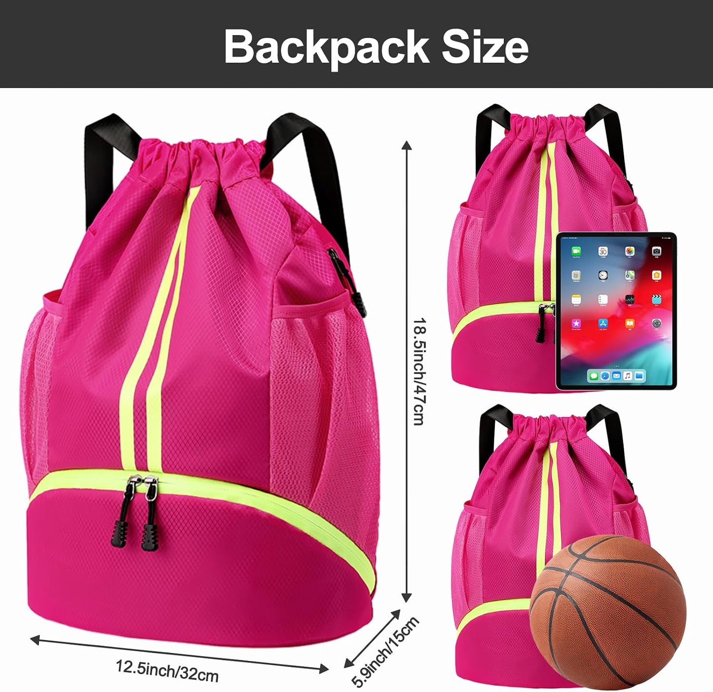 Sports Drawstring Backpack - Swim Gym Bag for Women and Men | String Bag with Shoes Compartment & Wet Proof Pocket, Adjustable Wider Shoulder Strap, For Soccer, Basketball