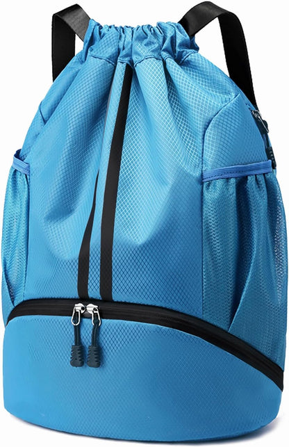 Sports Drawstring Backpack - Swim Gym Bag for Women and Men | String Bag with Shoes Compartment & Wet Proof Pocket, Adjustable Wider Shoulder Strap, For Soccer, Basketball