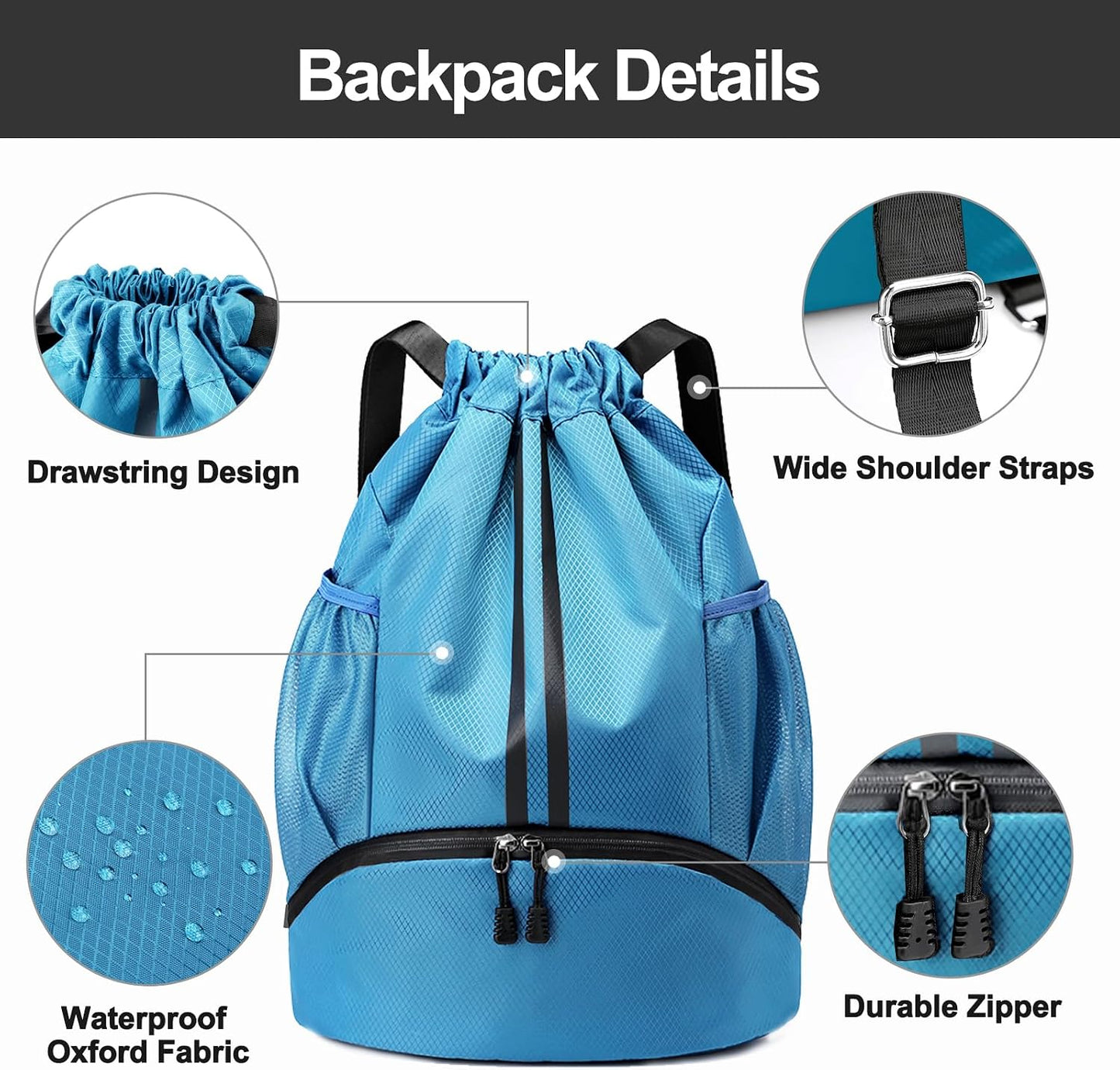 Sports Drawstring Backpack - Swim Gym Bag for Women and Men | String Bag with Shoes Compartment & Wet Proof Pocket, Adjustable Wider Shoulder Strap, For Soccer, Basketball