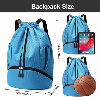 Sports Drawstring Backpack - Swim Gym Bag for Women and Men | String Bag with Shoes Compartment & Wet Proof Pocket, Adjustable Wider Shoulder Strap, For Soccer, Basketball