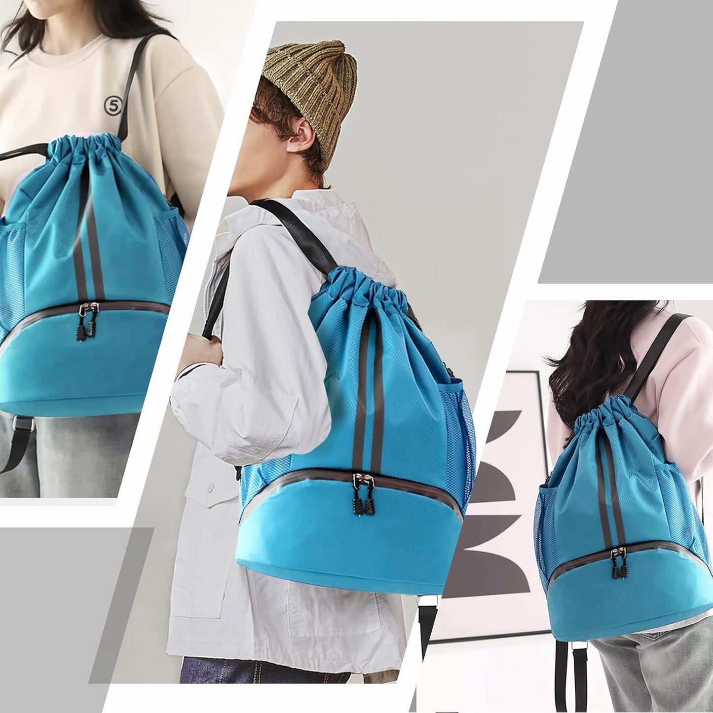 Sports Drawstring Backpack - Swim Gym Bag for Women and Men | String Bag with Shoes Compartment & Wet Proof Pocket, Adjustable Wider Shoulder Strap, For Soccer, Basketball