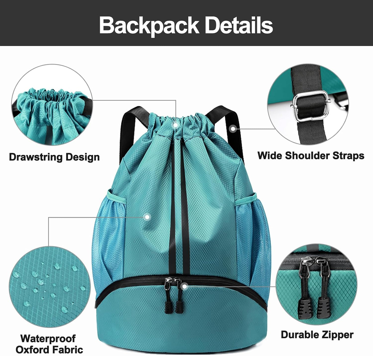 Sports Drawstring Backpack - Swim Gym Bag for Women and Men | String Bag with Shoes Compartment & Wet Proof Pocket, Adjustable Wider Shoulder Strap, For Soccer, Basketball
