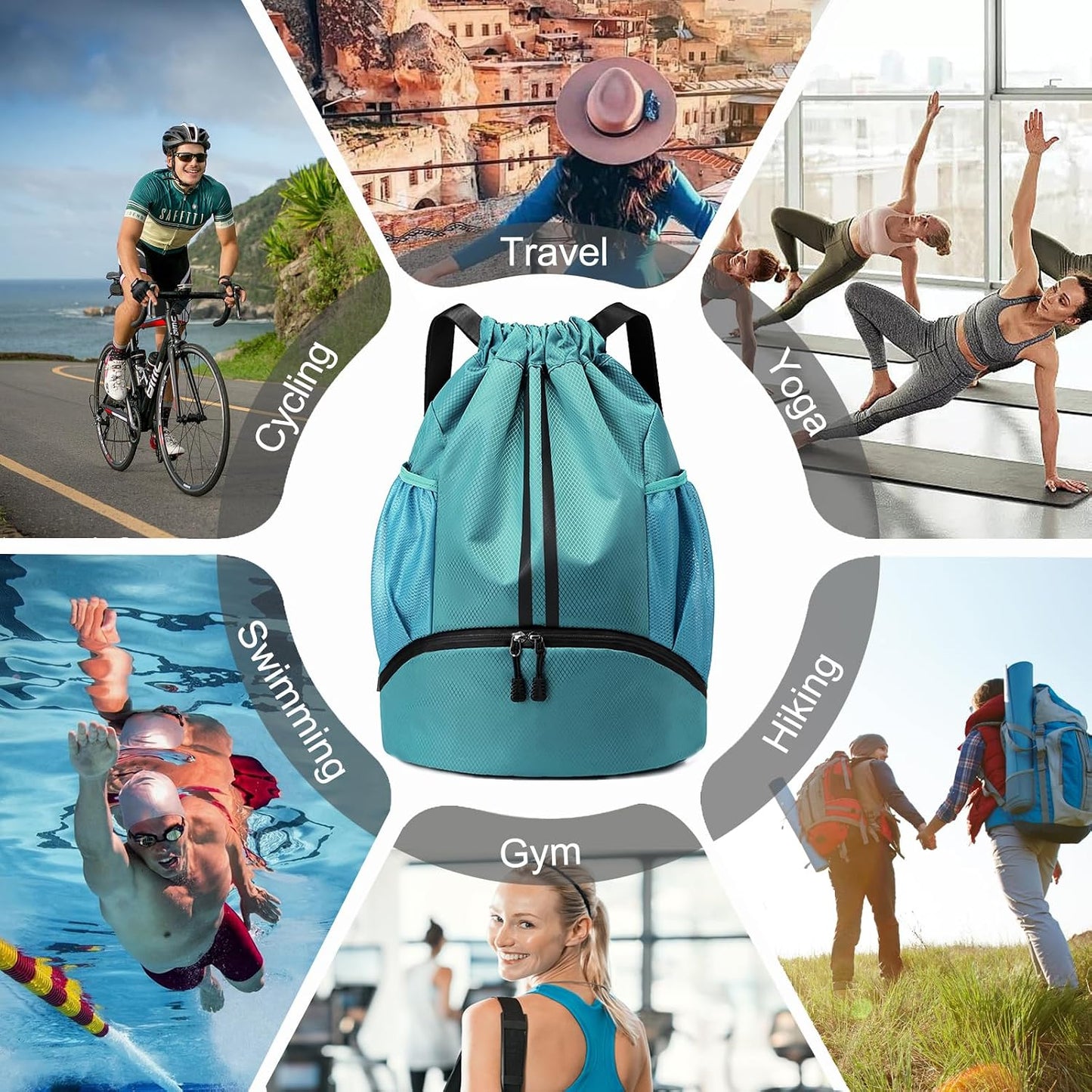 Sports Drawstring Backpack - Swim Gym Bag for Women and Men | String Bag with Shoes Compartment & Wet Proof Pocket, Adjustable Wider Shoulder Strap, For Soccer, Basketball