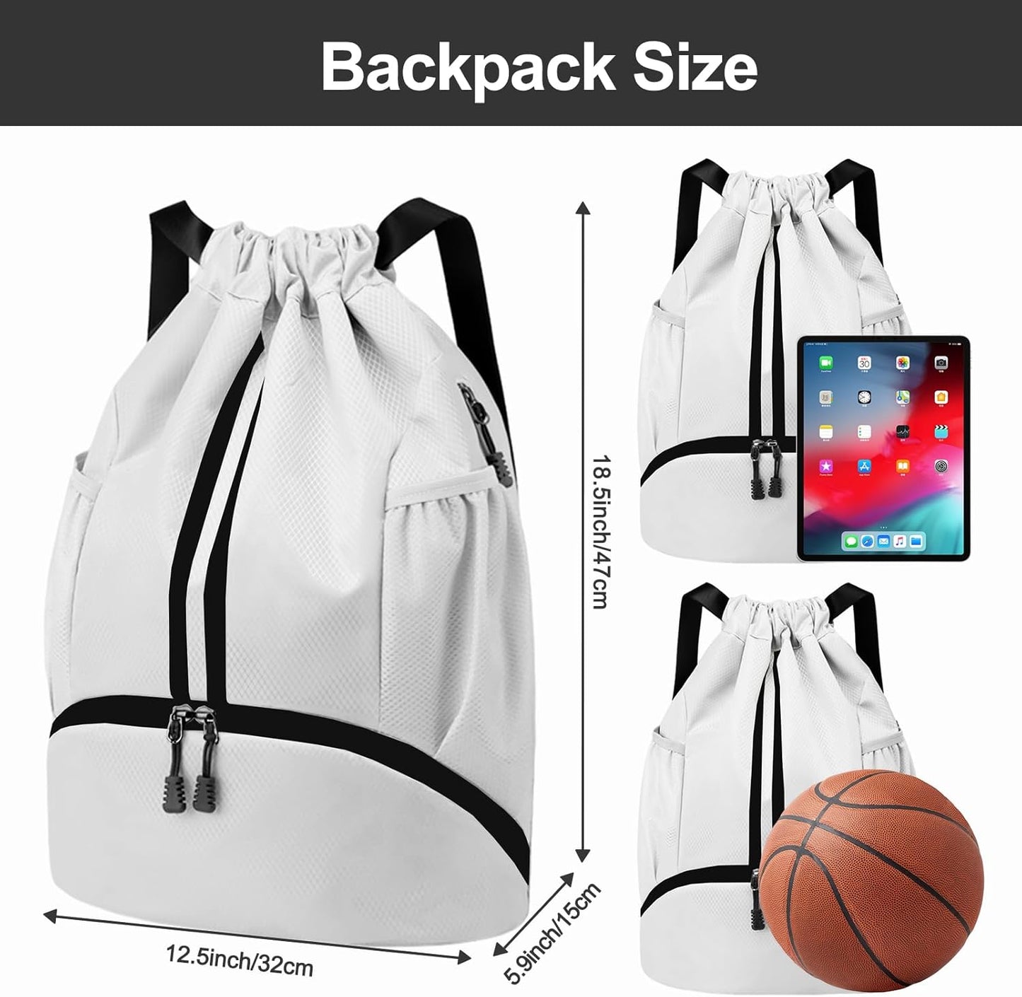 Sports Drawstring Backpack - Swim Gym Bag for Women and Men | String Bag with Shoes Compartment & Wet Proof Pocket, Adjustable Wider Shoulder Strap, For Soccer, Basketball