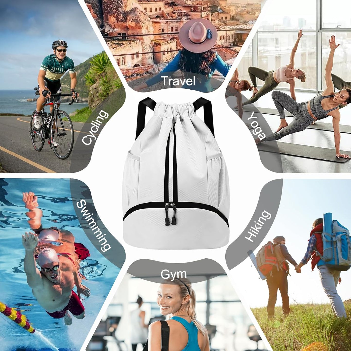 Sports Drawstring Backpack - Swim Gym Bag for Women and Men | String Bag with Shoes Compartment & Wet Proof Pocket, Adjustable Wider Shoulder Strap, For Soccer, Basketball