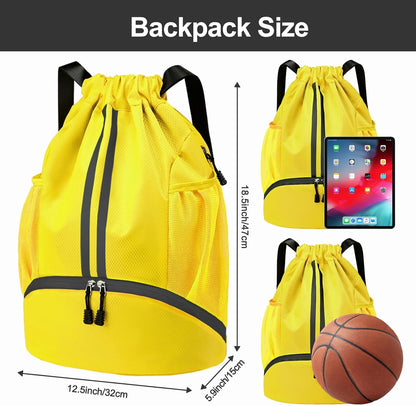 Sports Drawstring Backpack - Swim Gym Bag for Women and Men | String Bag with Shoes Compartment & Wet Proof Pocket, Adjustable Wider Shoulder Strap, For Soccer, Basketball