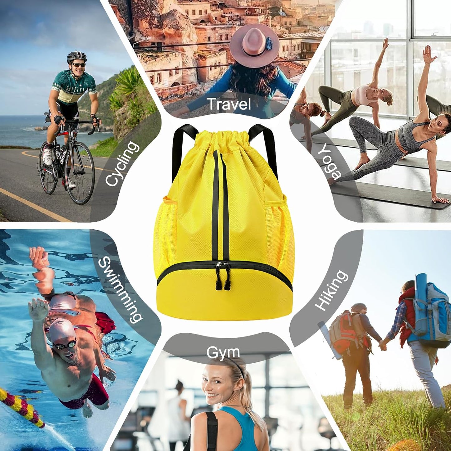 Sports Drawstring Backpack - Swim Gym Bag for Women and Men | String Bag with Shoes Compartment & Wet Proof Pocket, Adjustable Wider Shoulder Strap, For Soccer, Basketball