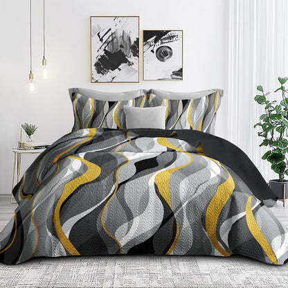 Quilt Bedding King Size Comforter Set Yellow Stripe Bedspreads with 2 Shams, Modern Pattern Lightweight Breathable Coverlet for Summer, 96''X106''