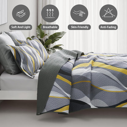 Quilt Bedding King Size Comforter Set Yellow Stripe Bedspreads with 2 Shams, Modern Pattern Lightweight Breathable Coverlet for Summer, 96''X106''