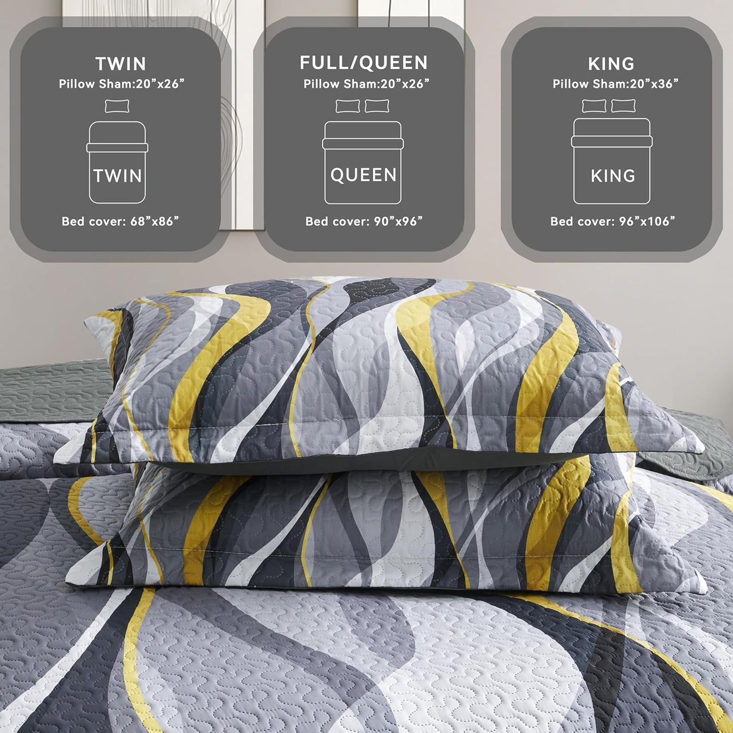 Quilt Bedding King Size Comforter Set Yellow Stripe Bedspreads with 2 Shams, Modern Pattern Lightweight Breathable Coverlet for Summer, 96''X106''