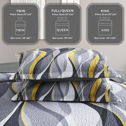 Quilt Bedding King Size Comforter Set Yellow Stripe Bedspreads with 2 Shams, Modern Pattern Lightweight Breathable Coverlet for Summer, 96''X106''