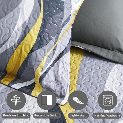 Quilt Bedding King Size Comforter Set Yellow Stripe Bedspreads with 2 Shams, Modern Pattern Lightweight Breathable Coverlet for Summer, 96''X106''