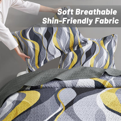 Quilt Bedding King Size Comforter Set Yellow Stripe Bedspreads with 2 Shams, Modern Pattern Lightweight Breathable Coverlet for Summer, 96''X106''