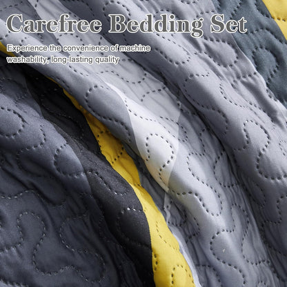 Quilt Bedding King Size Comforter Set Yellow Stripe Bedspreads with 2 Shams, Modern Pattern Lightweight Breathable Coverlet for Summer, 96''X106''