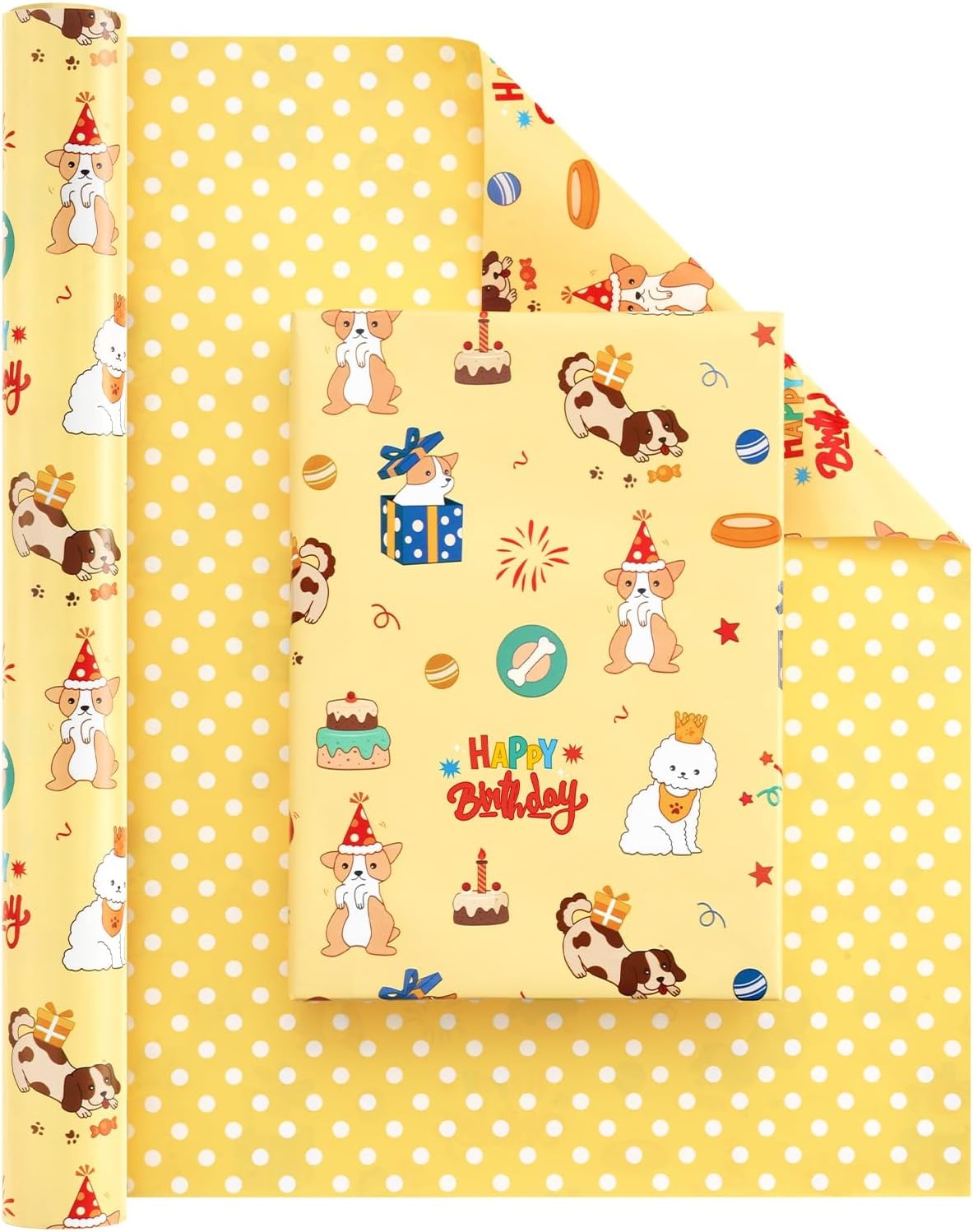 Dog Wrapping Paper Roll - 33 ft Happy Birthday Puppy Gift Wrap | Wrapping Paper for Kids Birthday Gift Packing Supply Baby Shower Theme Party Supply Polka Dot Design