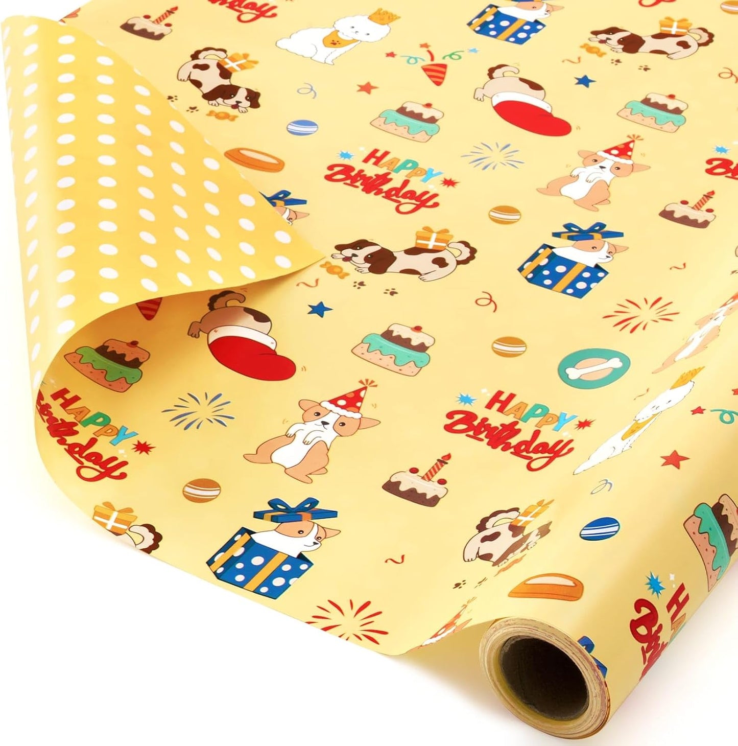 Dog Wrapping Paper Roll - 33 ft Happy Birthday Puppy Gift Wrap | Wrapping Paper for Kids Birthday Gift Packing Supply Baby Shower Theme Party Supply Polka Dot Design