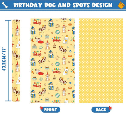 Dog Wrapping Paper Roll - 33 ft Happy Birthday Puppy Gift Wrap | Wrapping Paper for Kids Birthday Gift Packing Supply Baby Shower Theme Party Supply Polka Dot Design