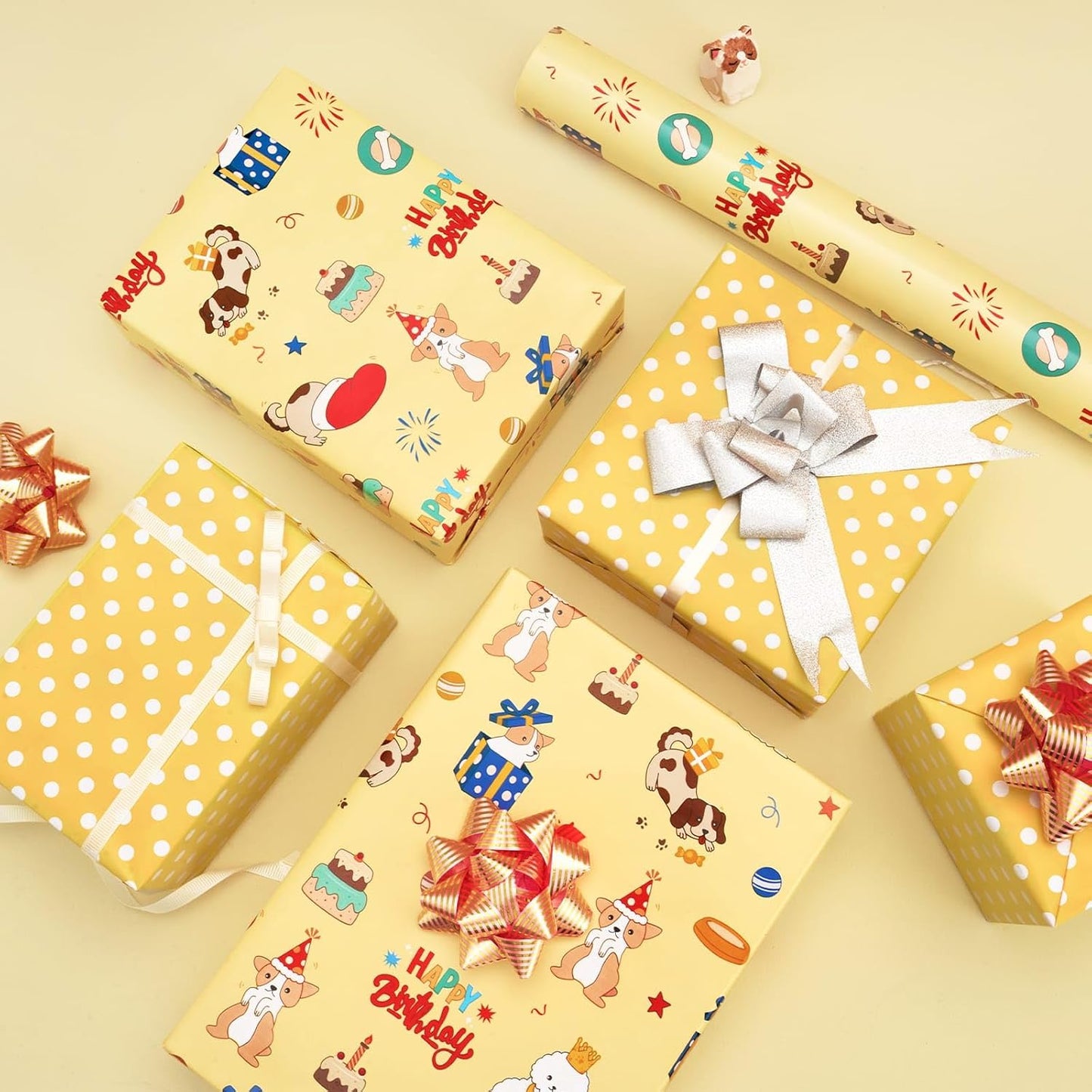 Dog Wrapping Paper Roll - 33 ft Happy Birthday Puppy Gift Wrap | Wrapping Paper for Kids Birthday Gift Packing Supply Baby Shower Theme Party Supply Polka Dot Design