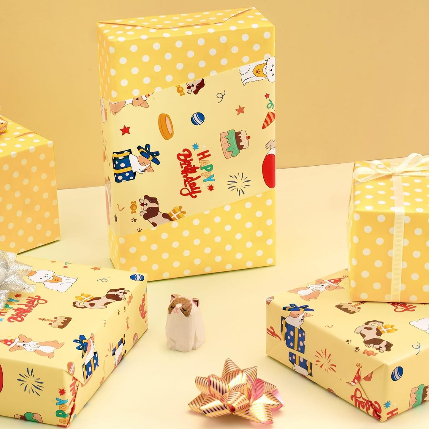 Dog Wrapping Paper Roll - 33 ft Happy Birthday Puppy Gift Wrap | Wrapping Paper for Kids Birthday Gift Packing Supply Baby Shower Theme Party Supply Polka Dot Design