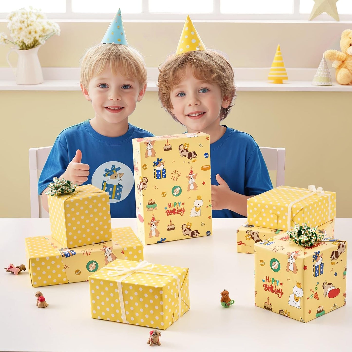 Dog Wrapping Paper Roll - 33 ft Happy Birthday Puppy Gift Wrap | Wrapping Paper for Kids Birthday Gift Packing Supply Baby Shower Theme Party Supply Polka Dot Design