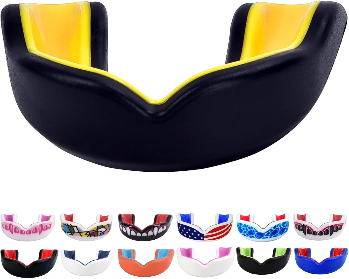 Youth Sports Mouth Guard for Kids (USA Flag, Fangs, 20+ Colors to Choose from) Mouthguard for Football, MMA, Karate, Boxing, Rugby, BJJ, Flag Football – /w Case (Youth, Strapless)