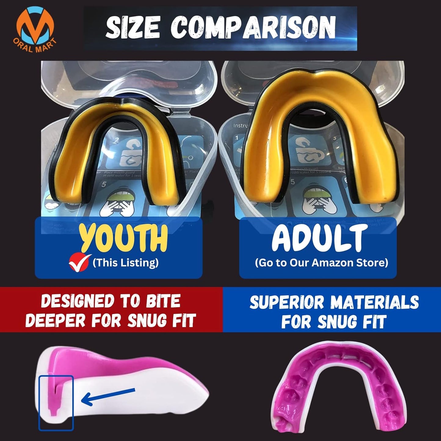 Youth Sports Mouth Guard for Kids (USA Flag, Fangs, 20+ Colors to Choose from) Mouthguard for Football, MMA, Karate, Boxing, Rugby, BJJ, Flag Football – /w Case (Youth, Strapless)