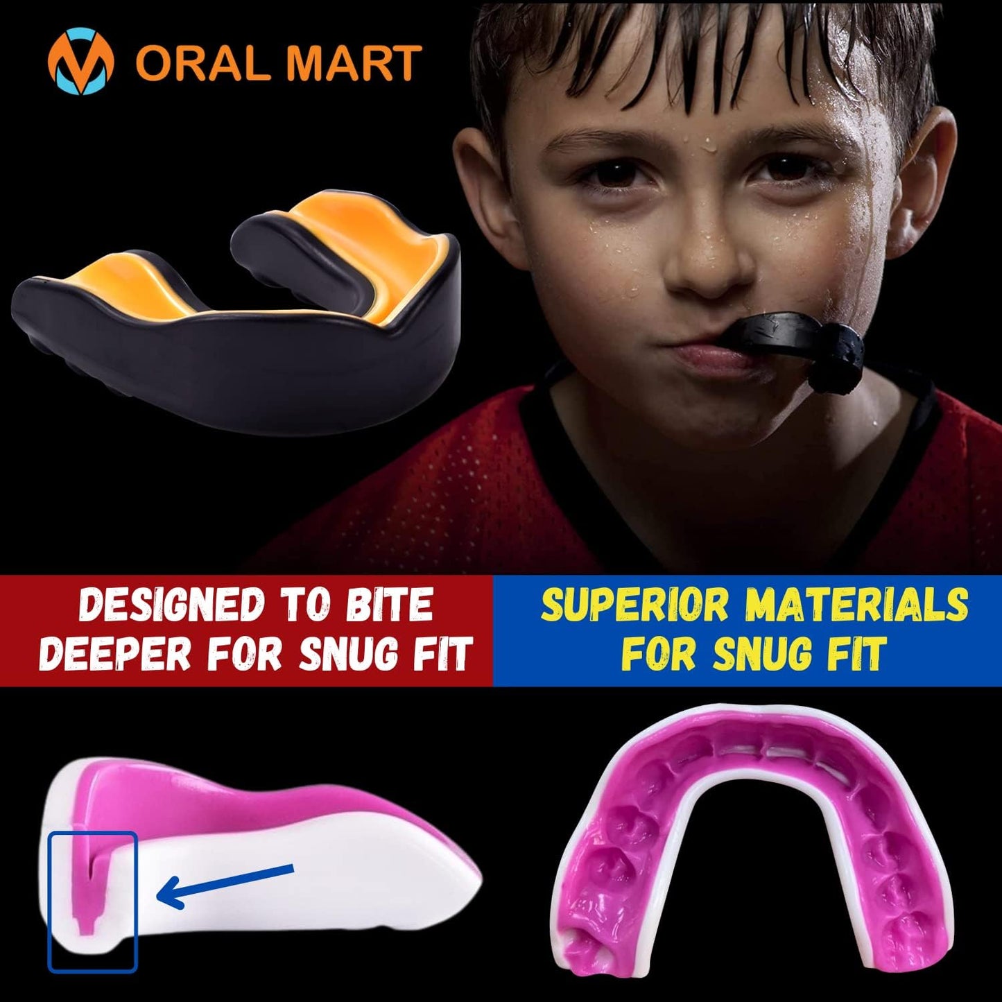 Youth Sports Mouth Guard for Kids (USA Flag, Fangs, 20+ Colors to Choose from) Mouthguard for Football, MMA, Karate, Boxing, Rugby, BJJ, Flag Football – /w Case (Youth, Strapless)