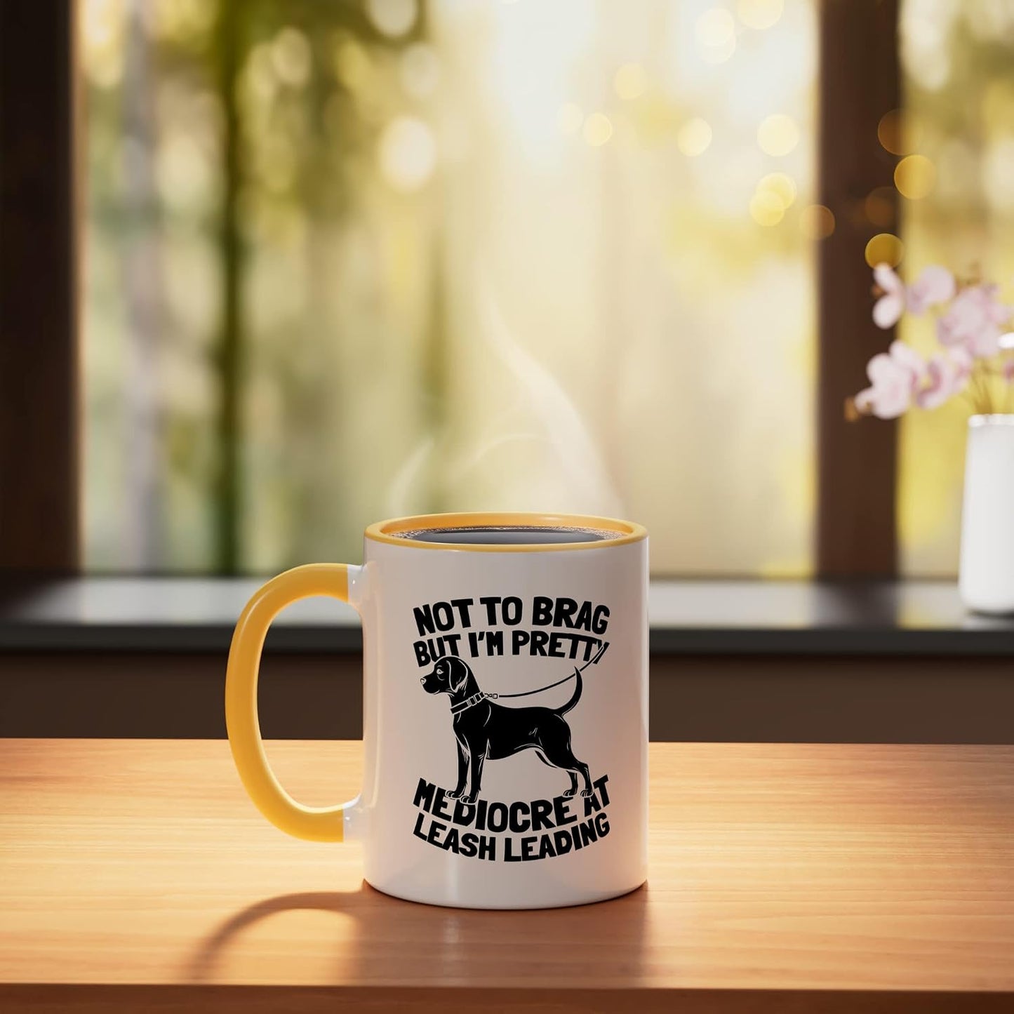 Walking Exercise - Pet Care Dog Walker Ceramic Mug, Yellow/White