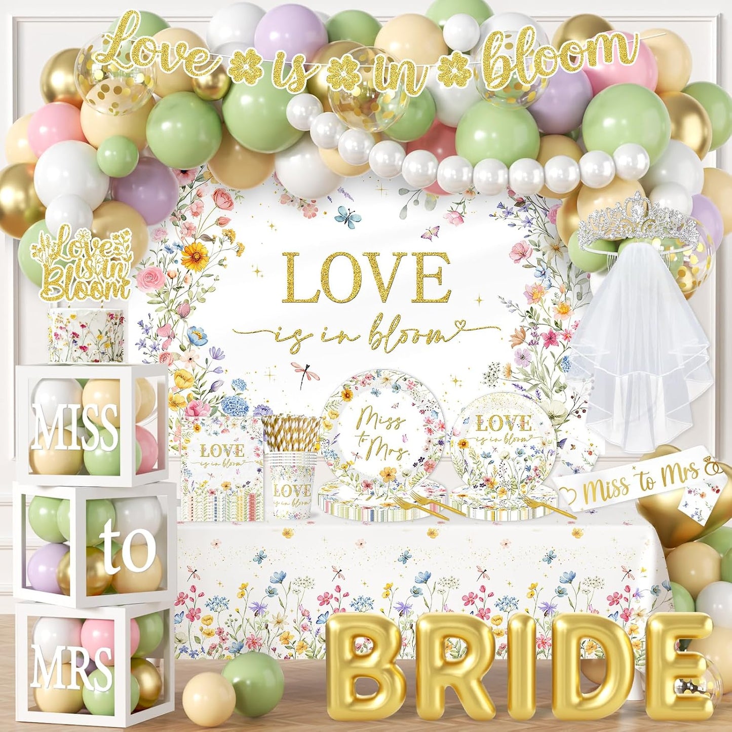 Love is in Bloom Bridal Shower Decorations - 233Pcs Miss to Mrs Tableware and Balloon Arch Garland Set, Floral Themed Wedding Shower Decorations