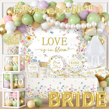 Love is in Bloom Bridal Shower Decorations - 233Pcs Miss to Mrs Tableware and Balloon Arch Garland Set, Floral Themed Wedding Shower Decorations
