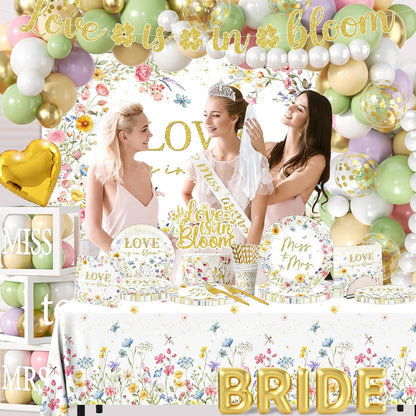 Love is in Bloom Bridal Shower Decorations - 233Pcs Miss to Mrs Tableware and Balloon Arch Garland Set, Floral Themed Wedding Shower Decorations