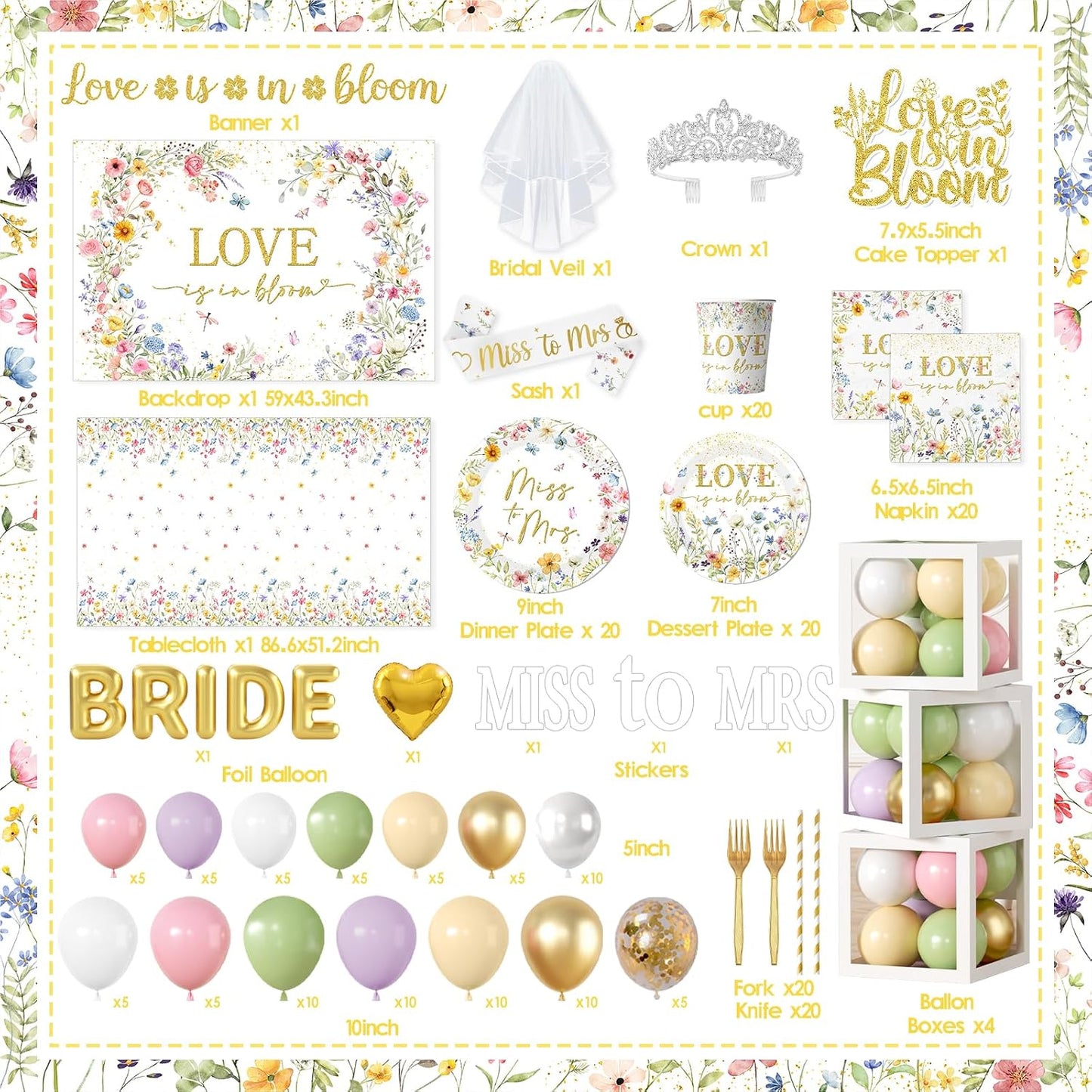 Love is in Bloom Bridal Shower Decorations - 233Pcs Miss to Mrs Tableware and Balloon Arch Garland Set, Floral Themed Wedding Shower Decorations