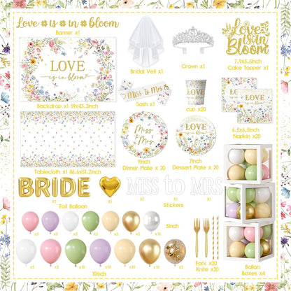 Love is in Bloom Bridal Shower Decorations - 233Pcs Miss to Mrs Tableware and Balloon Arch Garland Set, Floral Themed Wedding Shower Decorations