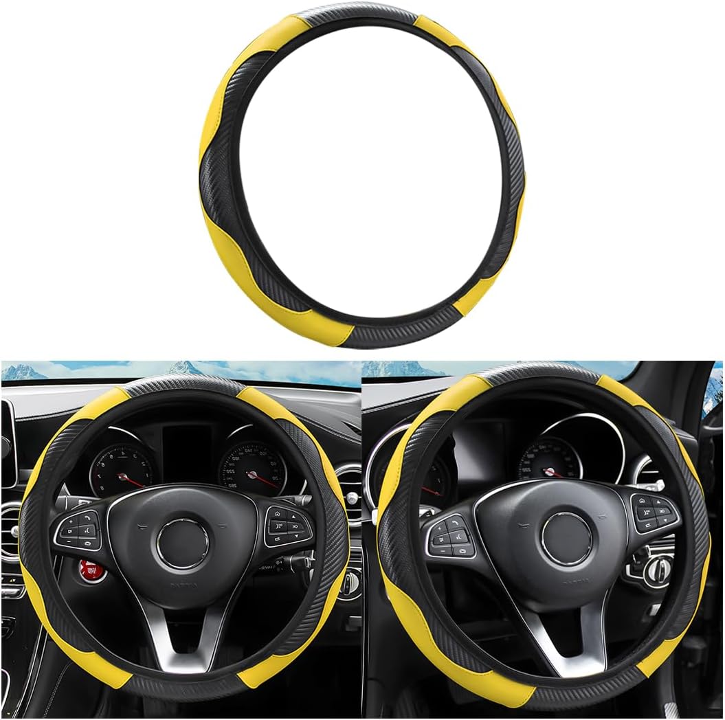 15 Inch Carbon Fiber Look Steering Wheel Cover, Yellow | carbon fiber appearance, breathable surface, universal vehicle sizing, for cars trucks and SUVs, interior protection use
