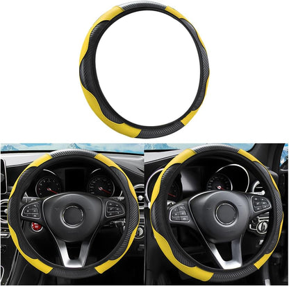 15 Inch Carbon Fiber Look Steering Wheel Cover, Yellow | carbon fiber appearance, breathable surface, universal vehicle sizing, for cars trucks and SUVs, interior protection use