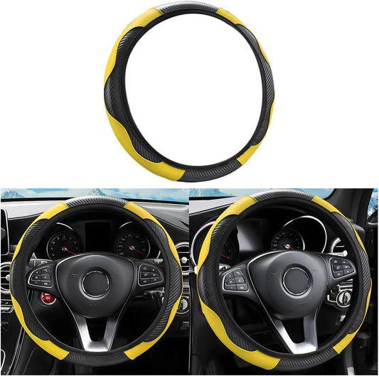 15 Inch Carbon Fiber Look Steering Wheel Cover, Yellow | carbon fiber appearance, breathable surface, universal vehicle sizing, for cars trucks and SUVs, interior protection use