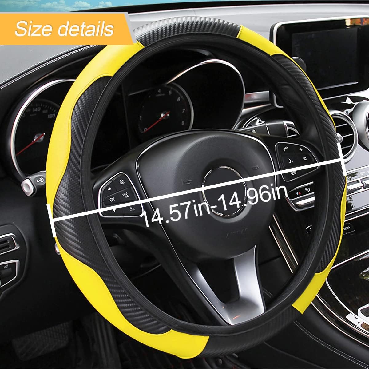 15 Inch Carbon Fiber Look Steering Wheel Cover, Yellow | carbon fiber appearance, breathable surface, universal vehicle sizing, for cars trucks and SUVs, interior protection use