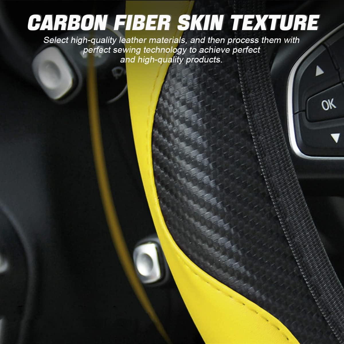 15 Inch Carbon Fiber Look Steering Wheel Cover, Yellow | carbon fiber appearance, breathable surface, universal vehicle sizing, for cars trucks and SUVs, interior protection use