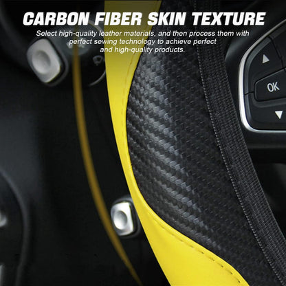 15 Inch Carbon Fiber Look Steering Wheel Cover, Yellow | carbon fiber appearance, breathable surface, universal vehicle sizing, for cars trucks and SUVs, interior protection use
