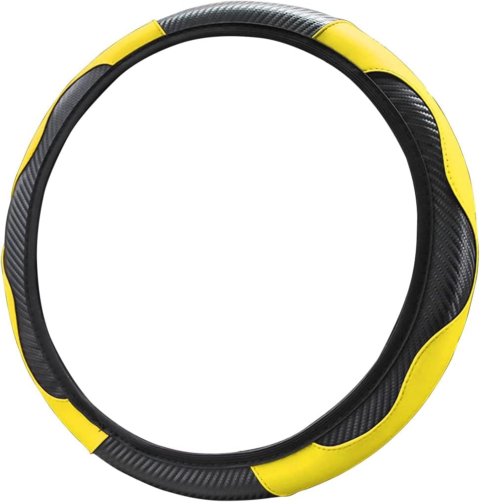15 Inch Carbon Fiber Look Steering Wheel Cover, Yellow | carbon fiber appearance, breathable surface, universal vehicle sizing, for cars trucks and SUVs, interior protection use