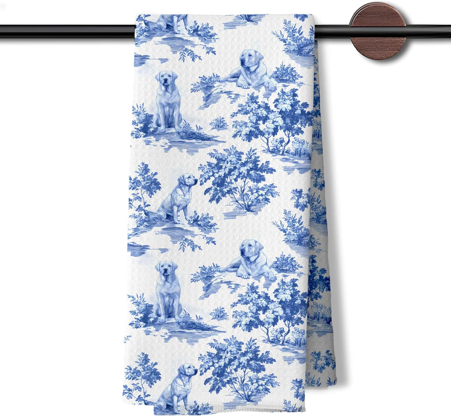 Chinoiserie Labrador Retriever Kitchen Dish Towels, Yellow Labrador Retriever Gifts, Grandmillennial Blue and White Toile Lab Dog Decorative Hand Tea Towels for Bathroom Kitchen, 16x24 Inches
