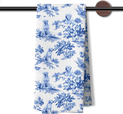 Chinoiserie Labrador Retriever Kitchen Dish Towels, Yellow Labrador Retriever Gifts, Grandmillennial Blue and White Toile Lab Dog Decorative Hand Tea Towels for Bathroom Kitchen, 16x24 Inches