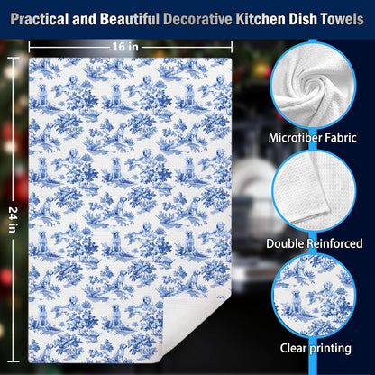 Chinoiserie Labrador Retriever Kitchen Dish Towels, Yellow Labrador Retriever Gifts, Grandmillennial Blue and White Toile Lab Dog Decorative Hand Tea Towels for Bathroom Kitchen, 16x24 Inches