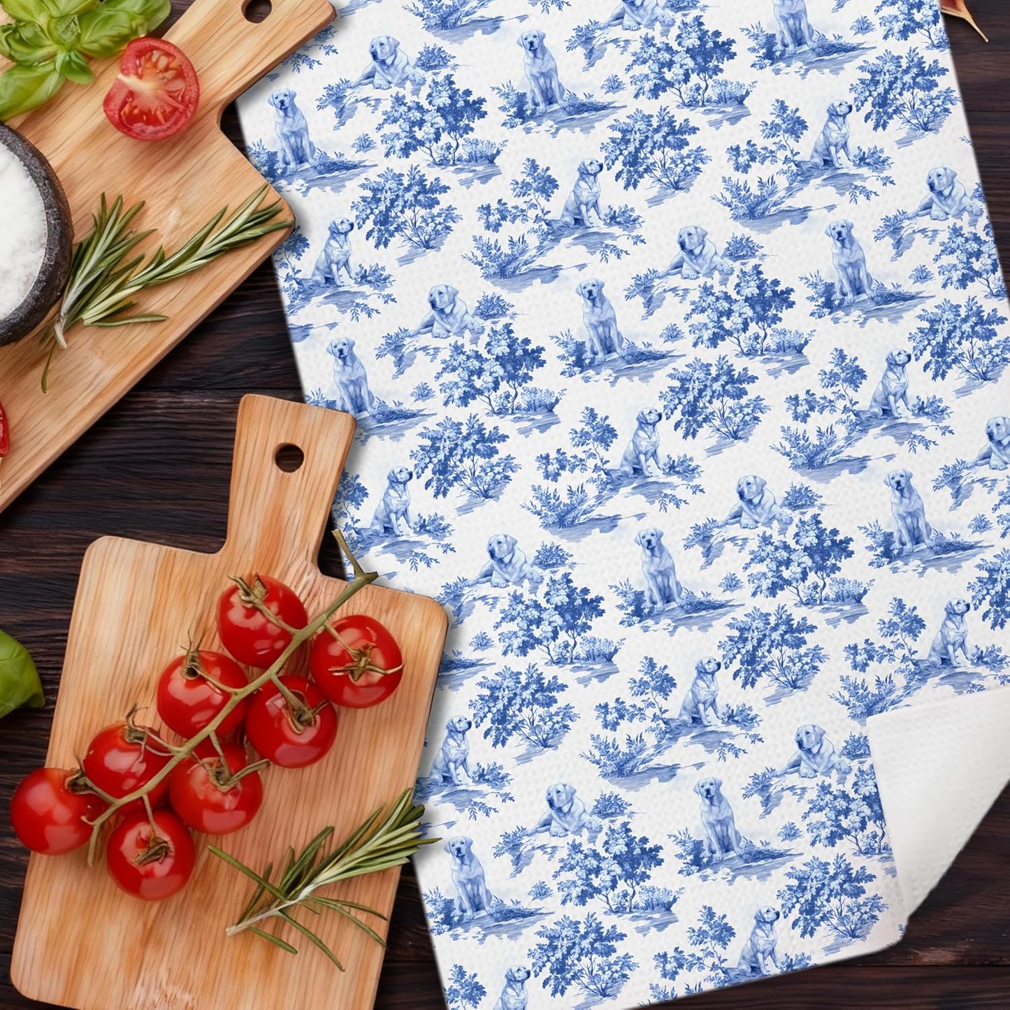 Chinoiserie Labrador Retriever Kitchen Dish Towels, Yellow Labrador Retriever Gifts, Grandmillennial Blue and White Toile Lab Dog Decorative Hand Tea Towels for Bathroom Kitchen, 16x24 Inches