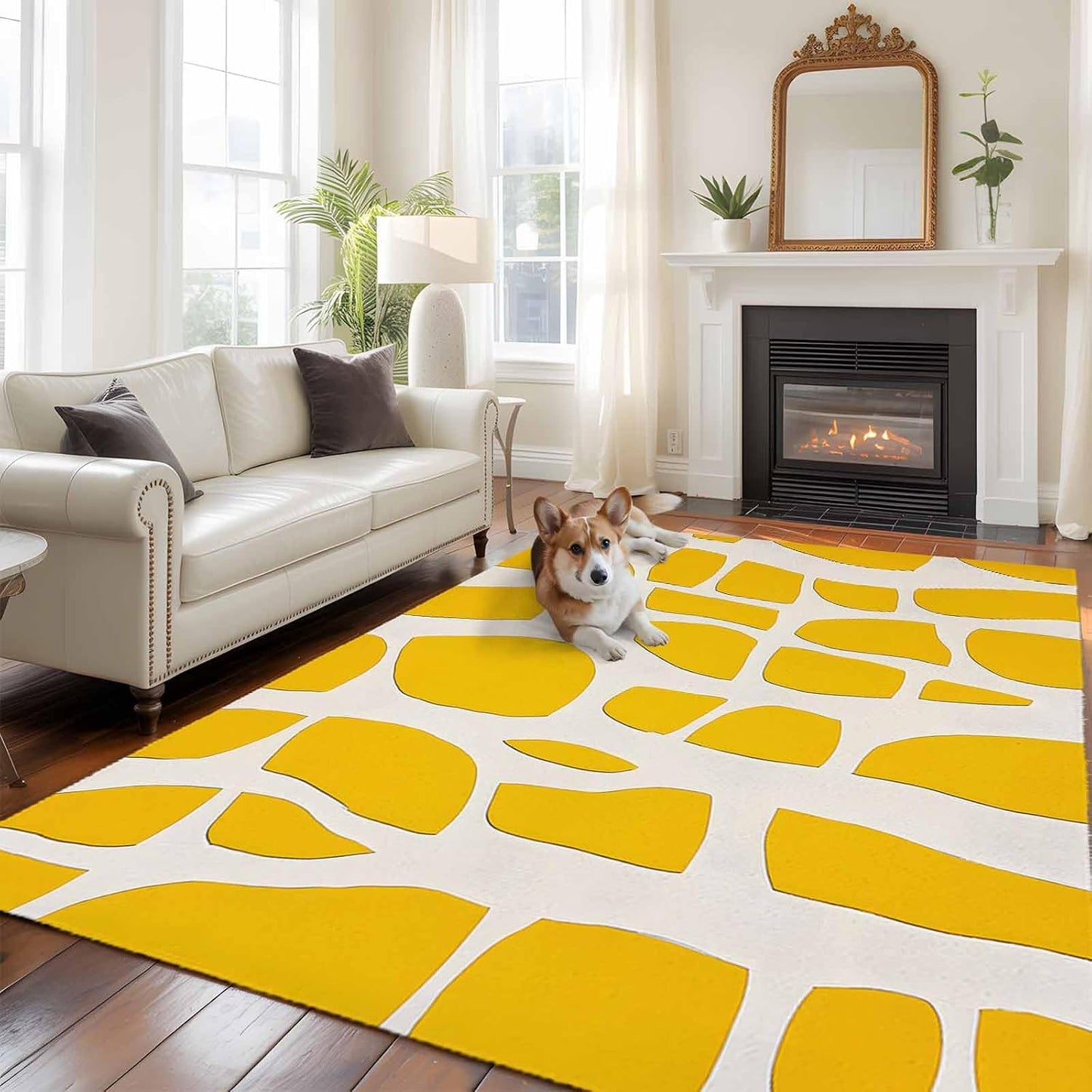 Abstract 5'x7' Area Rugs, Modernism Yellow Color Block Line Pattern Washable Area Rugs Non-Slip Indoor Floor Mats Carpet for Living Room Bedroom Dining Room