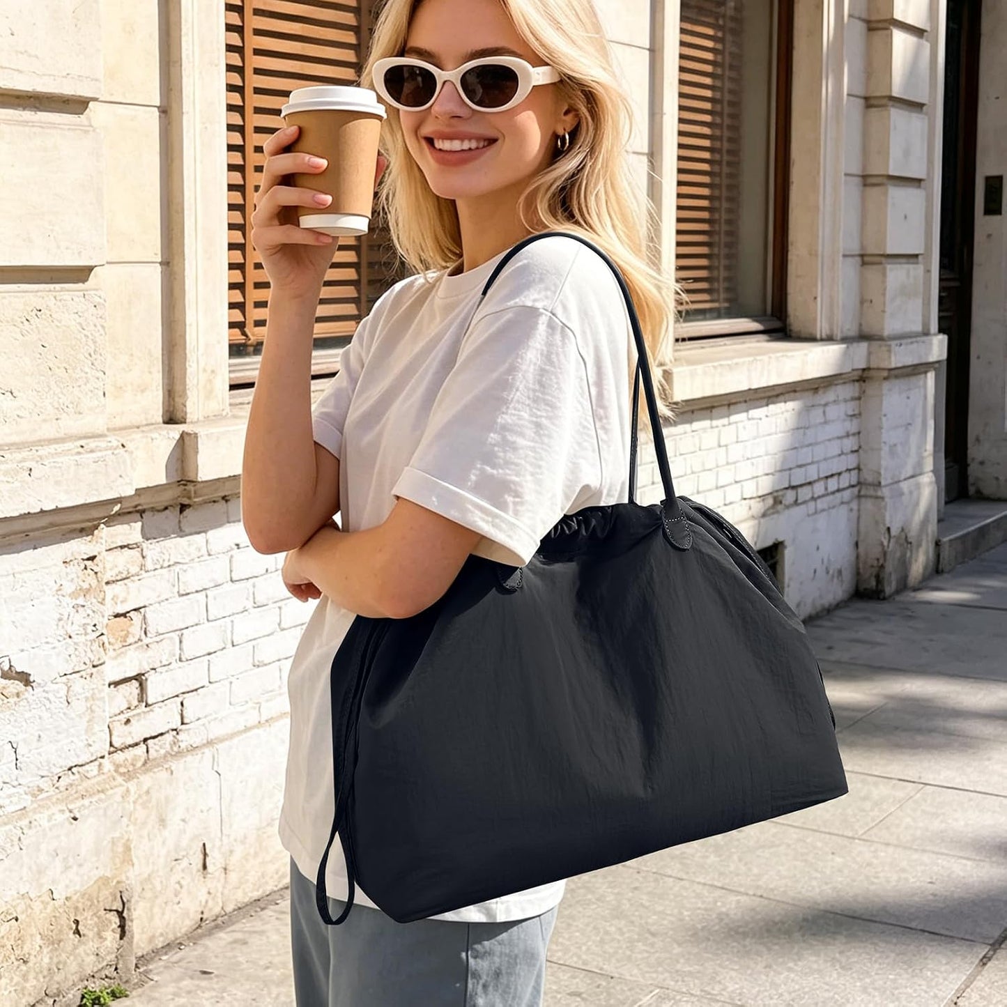 Nylon Tote Bag for Women Versatile Drawstring Shoulder Bag Work Travel Tote Handbag with Easy Carry Handles