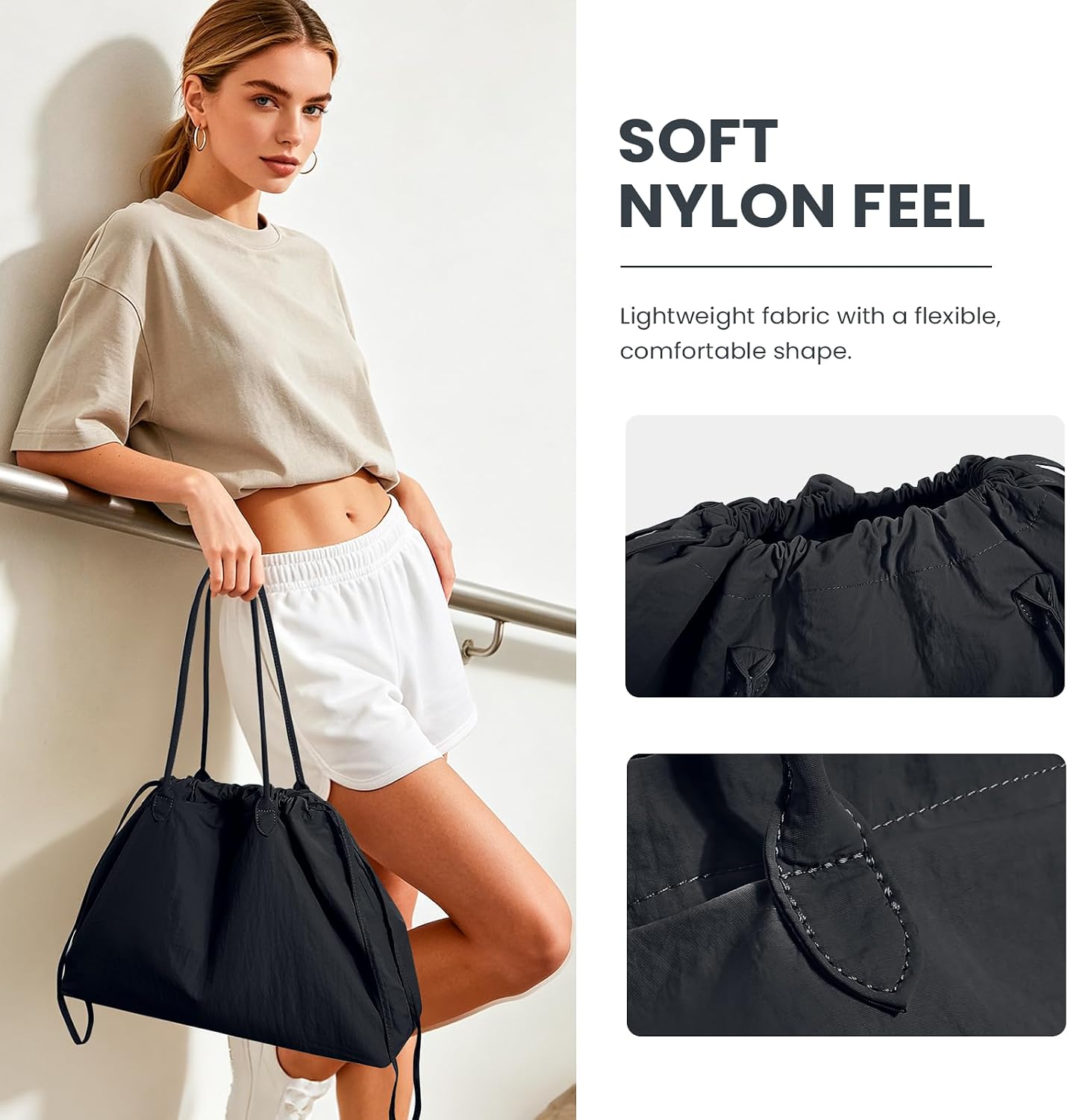 Nylon Tote Bag for Women Versatile Drawstring Shoulder Bag Work Travel Tote Handbag with Easy Carry Handles